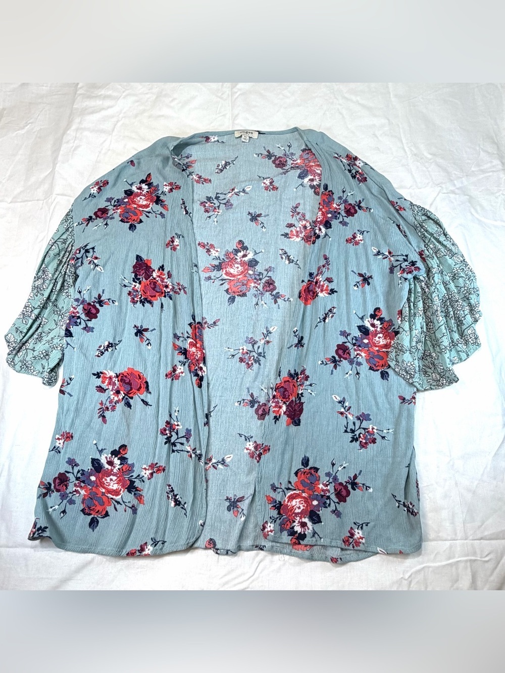 Umgee Dusty Blue Floral Open Kimono with Red Rose Print